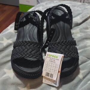 CROCS Black Woven Wedges